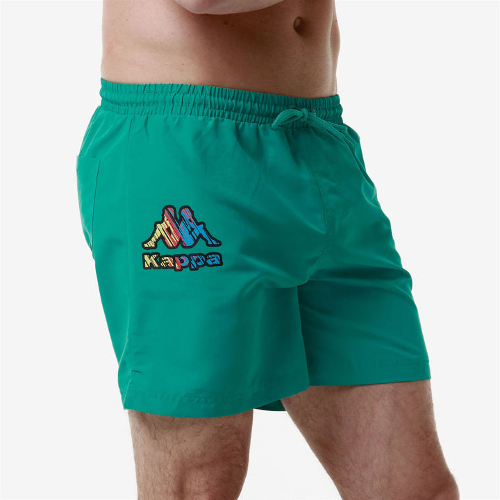 Bathing Suits Man LOGO FRIOGO Swimming Trunk GREEN COLUMBIA Dressed Front Double		