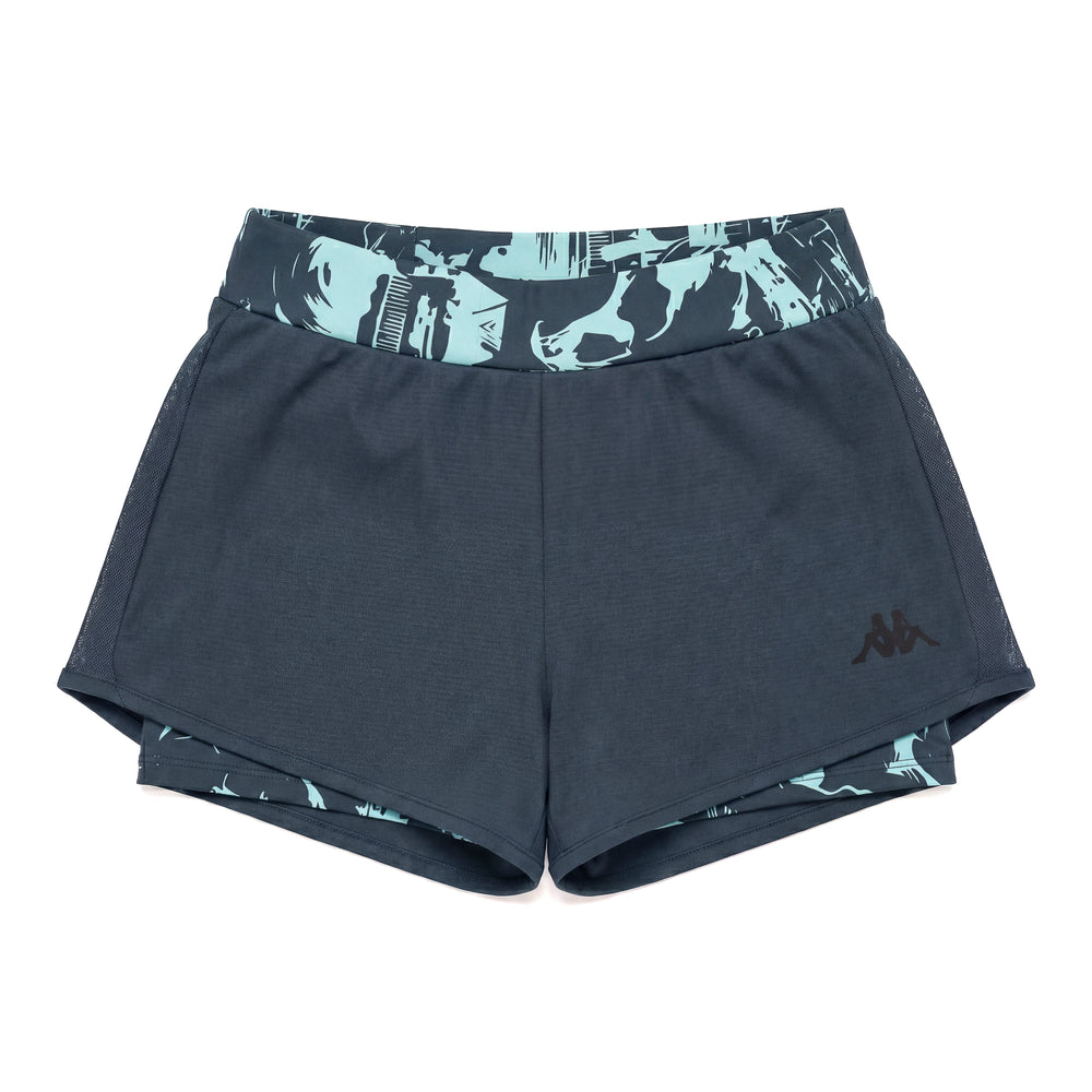 Pantaloncini sportivi da donna blu aderenti ed elasticizzati con inserti in rete 02