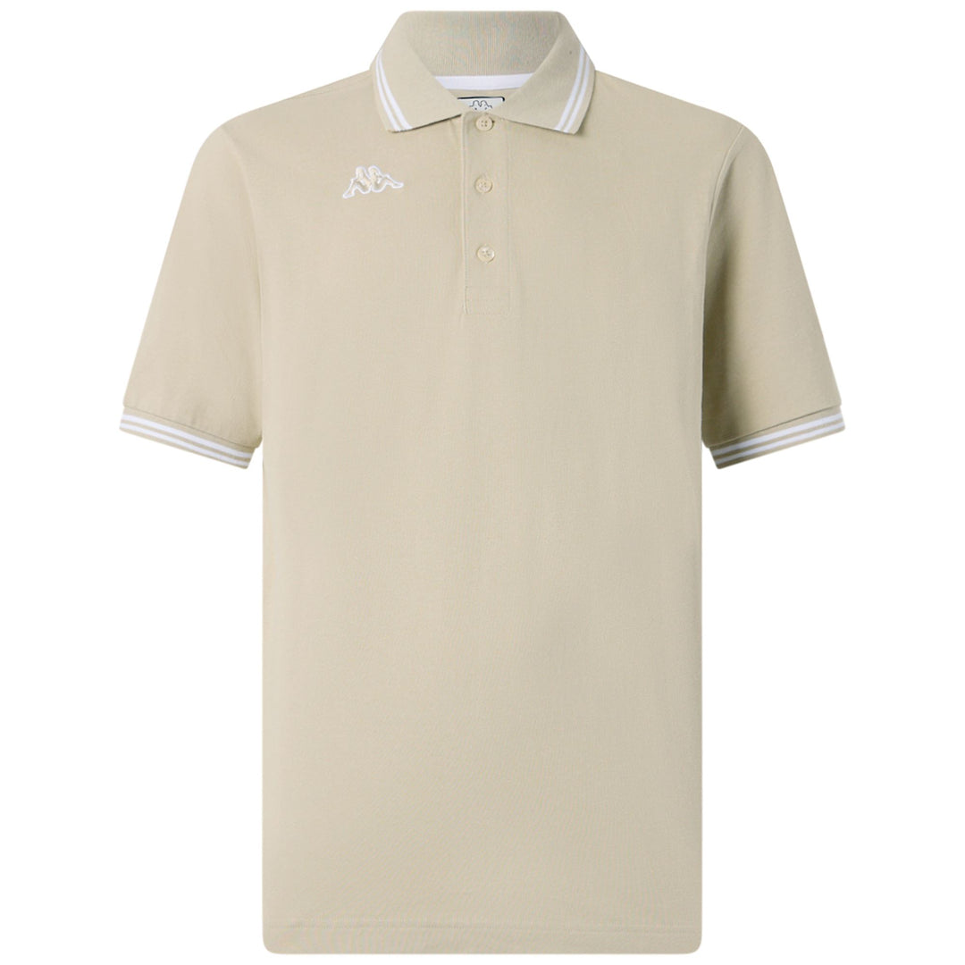 Beige Yellow Men's Cotton Polo Shirt with Contrast Stripes 01