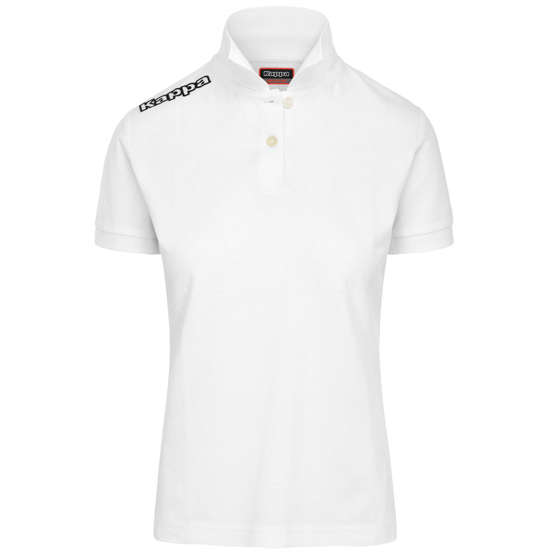 Polo da donna bianca in cotone, vestibilità slim, ideale per l'allenamento. 01