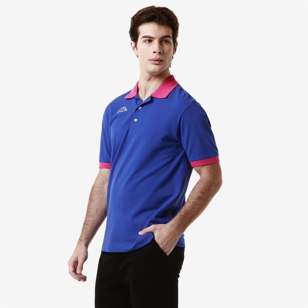Polo Shirts Man LOGO  LIFE MSS Polo BLUE SURF - PINK INTENSE Dressed Front Double		