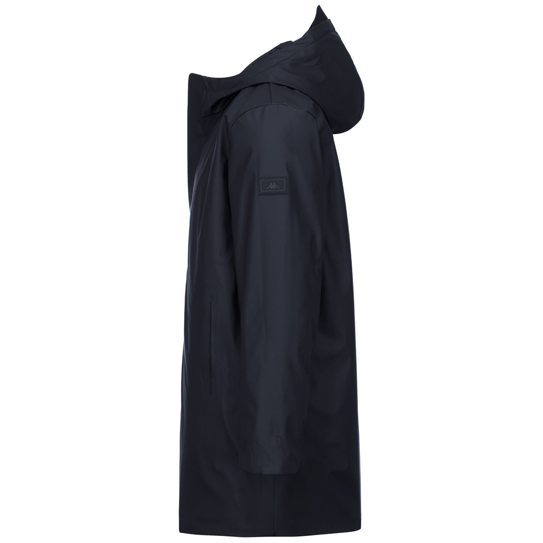 Giacca lunga imbottita impermeabile da uomo blu con cappuccio fisso main