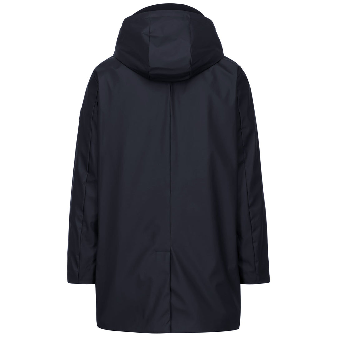 Giacca lunga imbottita impermeabile da uomo blu con cappuccio fisso main