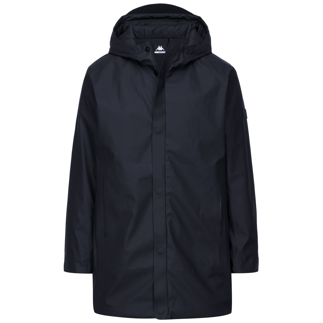 Veste imperméable longue matelassée bleue pour homme avec capuche fixe 01