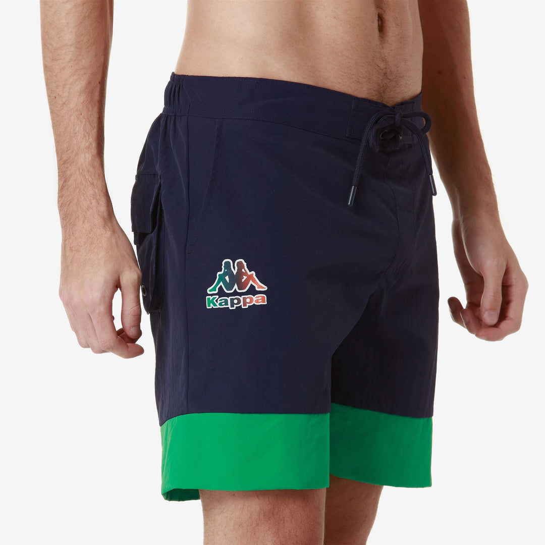 Bathing Suits Man LOGO FUXOM Swimming Trunk BLUE MEDIEVAL - GREEN BLARNEY Dressed Front Double		