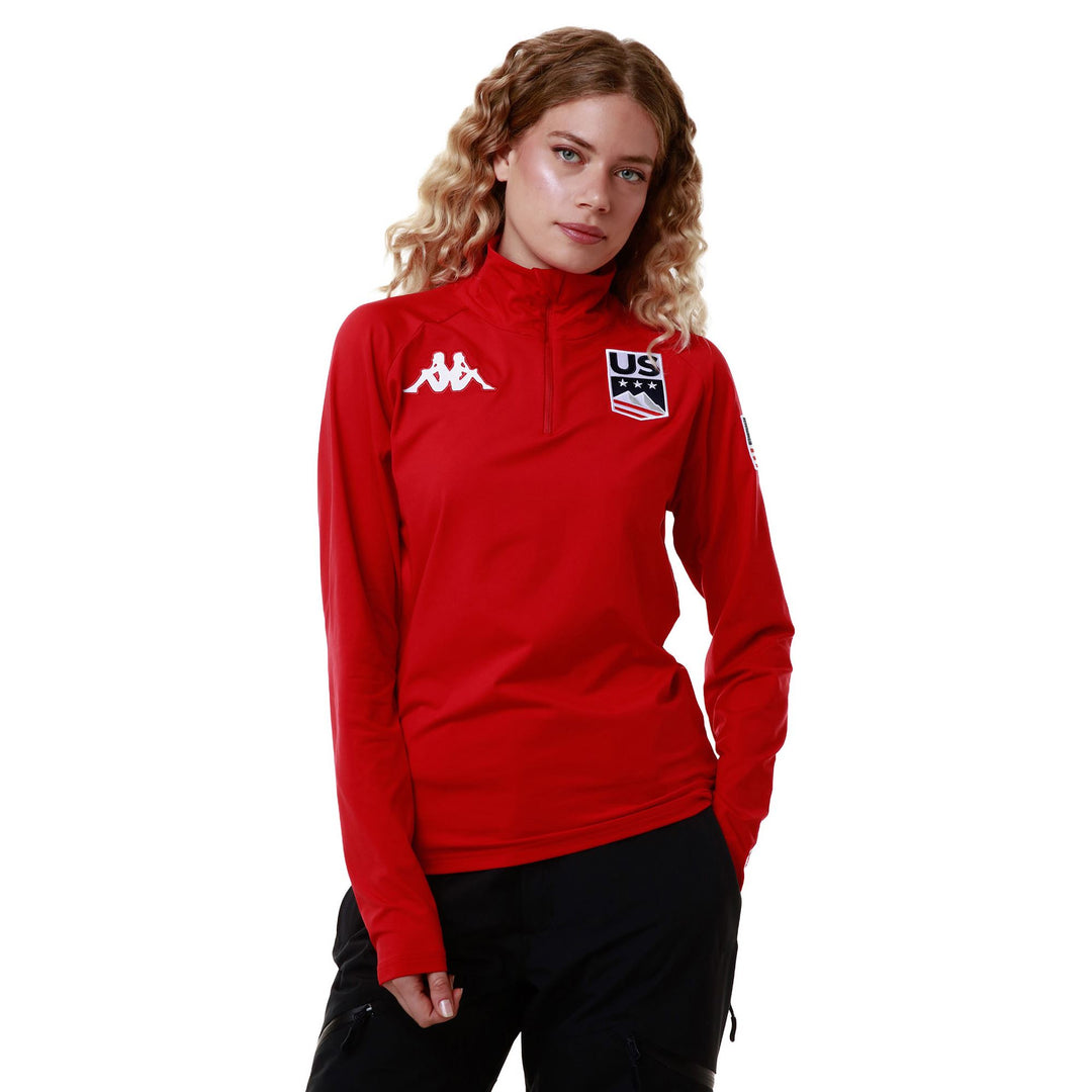 Haut de ski unisexe rouge en microfibre polaire à demi-zip et coupe ajustée main