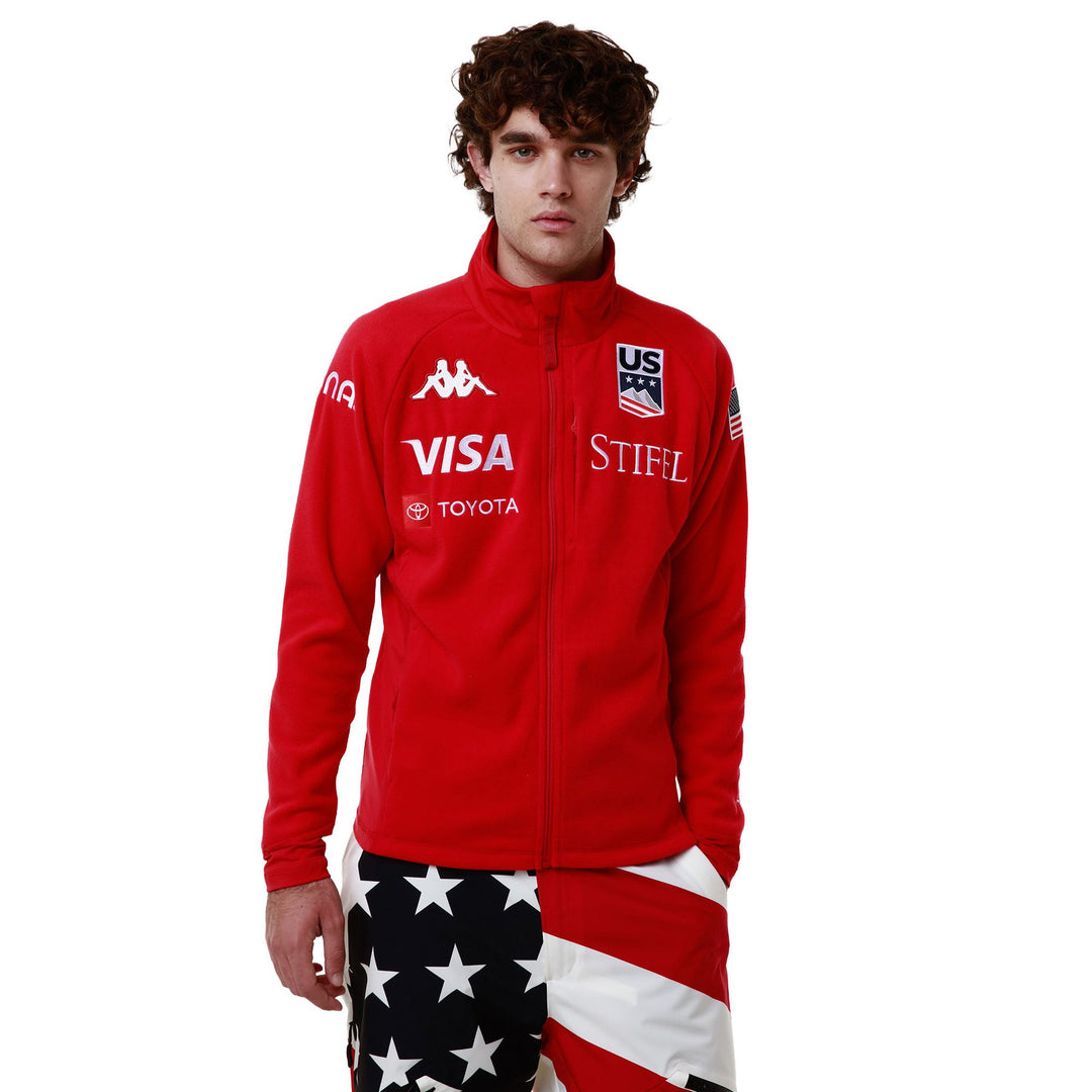 Polaire de ski rouge pour homme, coupe ajustée, avec col coupe-vent main