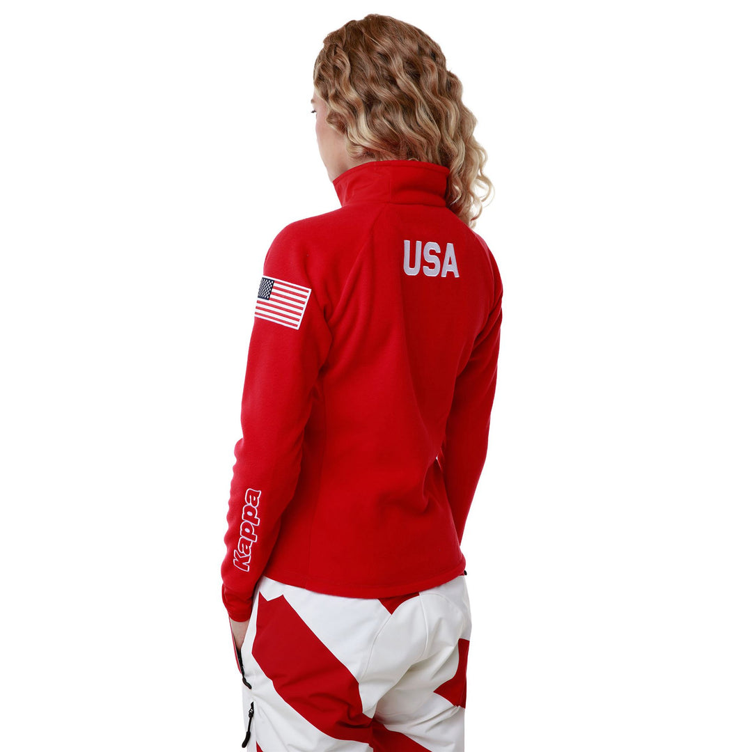 Polaire de ski rouge pour femme, coupe ajustée, avec col coupe-vent main