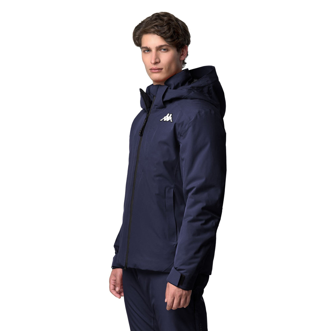 Veste de ski rembourrée bleue pour homme, coupe ajustée, avec protection imperméable main
