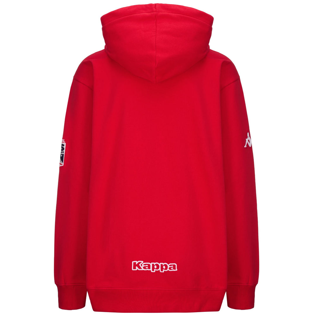 Pull polaire rouge unisexe à capuche, coupe classique. main
