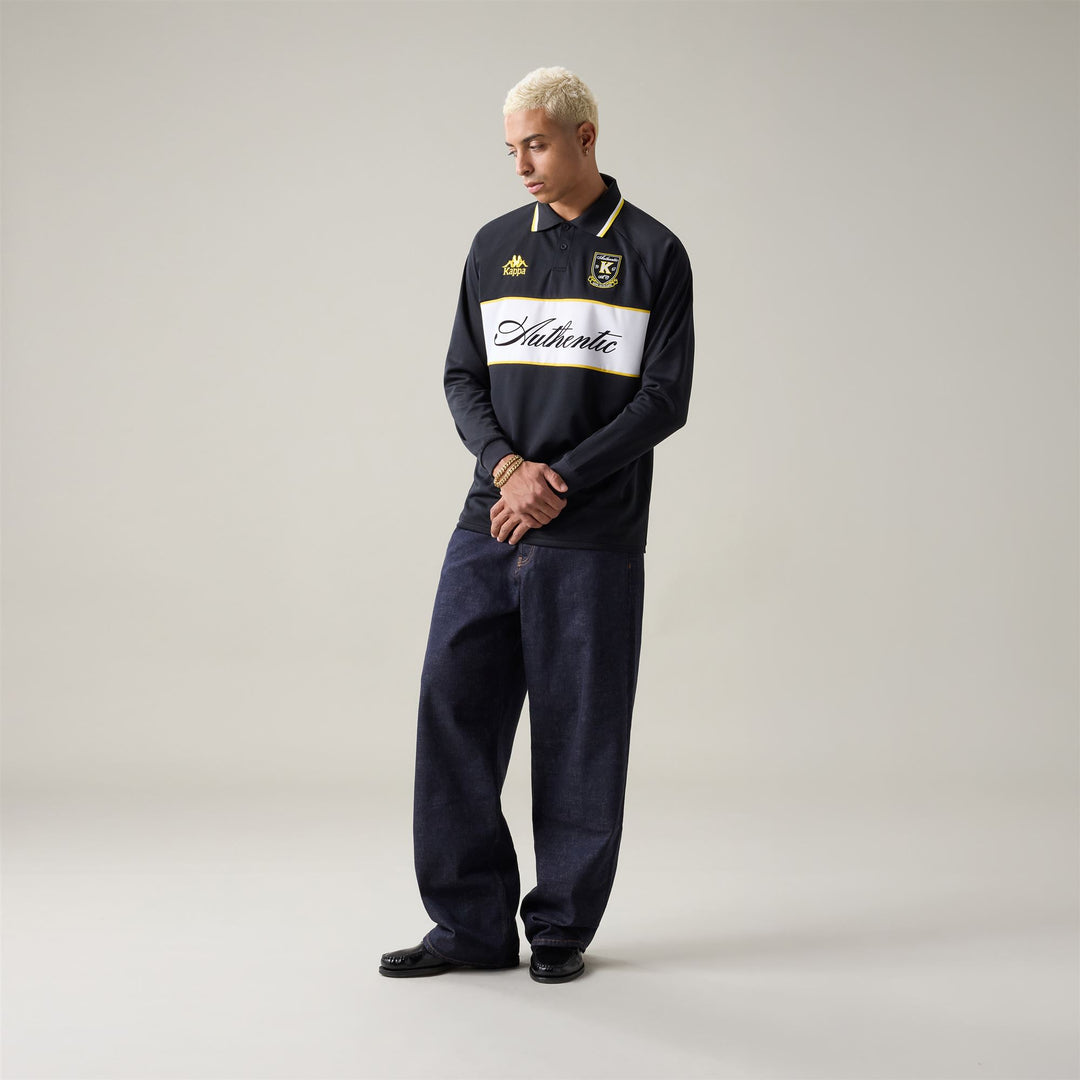 Black men's long-sleeve football polo shirt with contemporary design 01