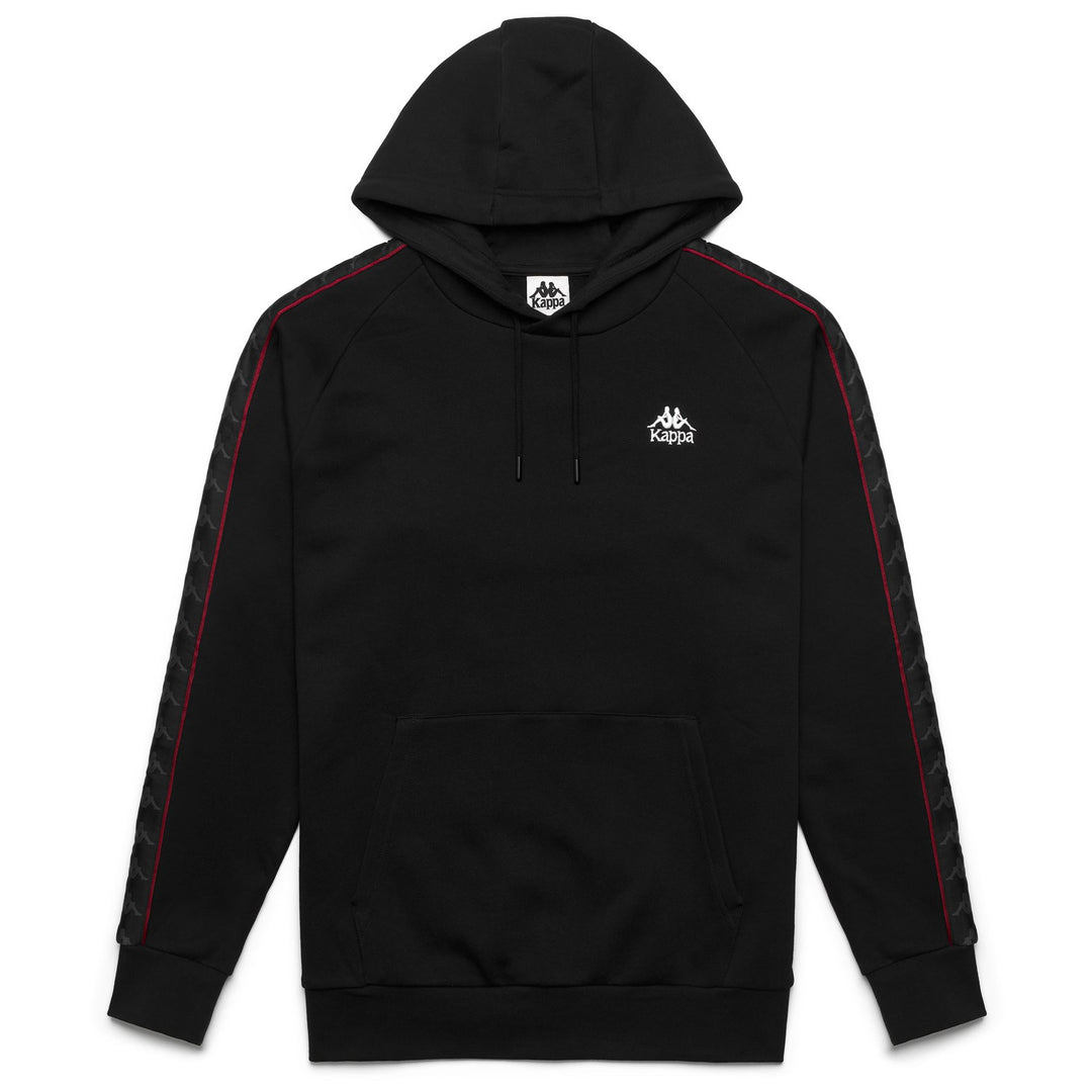 Sudadera con capucha de polar negra y roja para hombre con cordón y logotipos 01