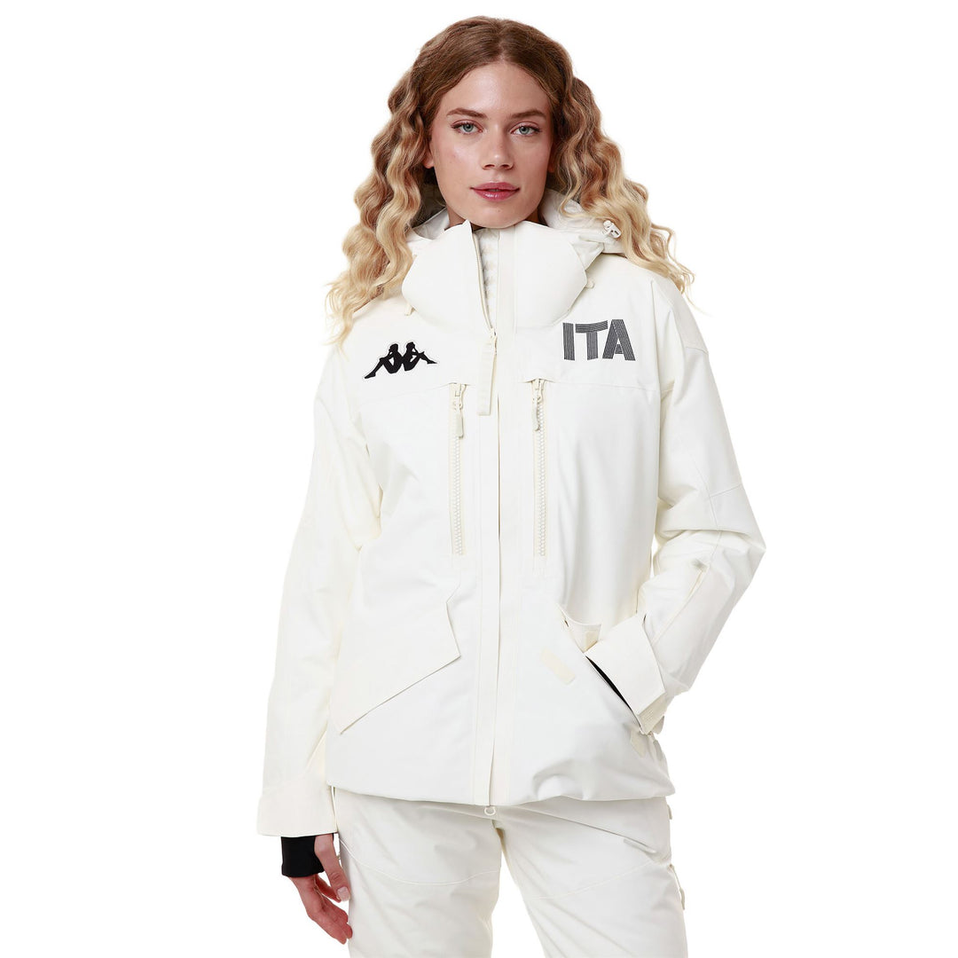 Veste de ski rembourrée blanche pour femme, coupe classique, avec protection imperméable main