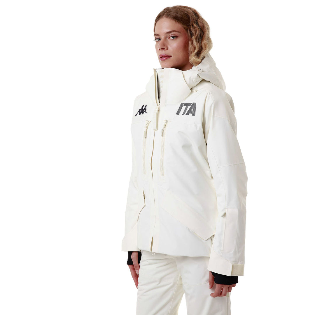 Veste de ski rembourrée blanche pour femme, coupe classique, avec protection imperméable main