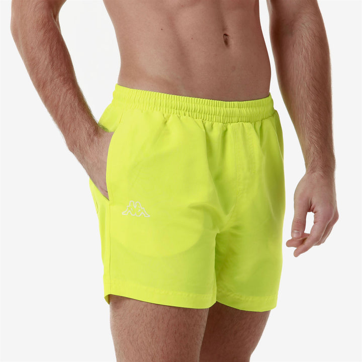 Bathing Suits Man LOGO  FULTOMI Swimming Trunk NEON YELLOW Dressed Front Double		