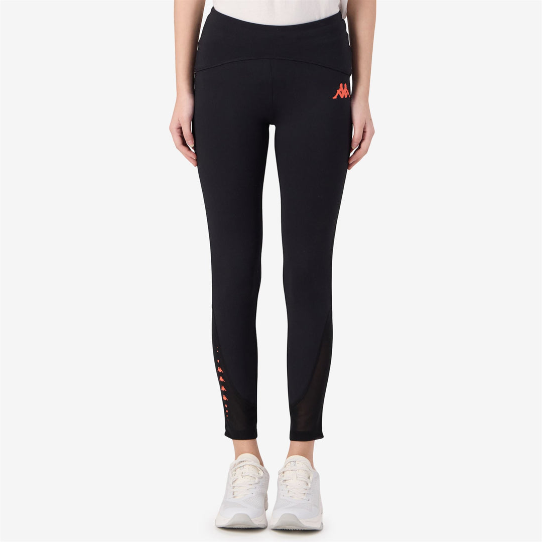 Pantalón deportivo para mujer color coral neón negro con cintura alta y aplicaciones de malla main