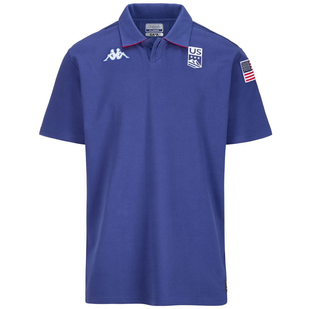 Polo de esquí unisex azul y rojo con corte entallado y logotipo bordado 01