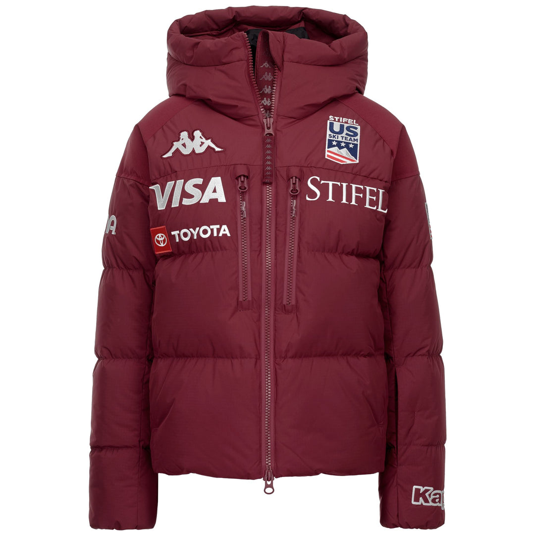 Chaqueta roja de media caña para mujer con protección contra el agua y relleno de plumón main