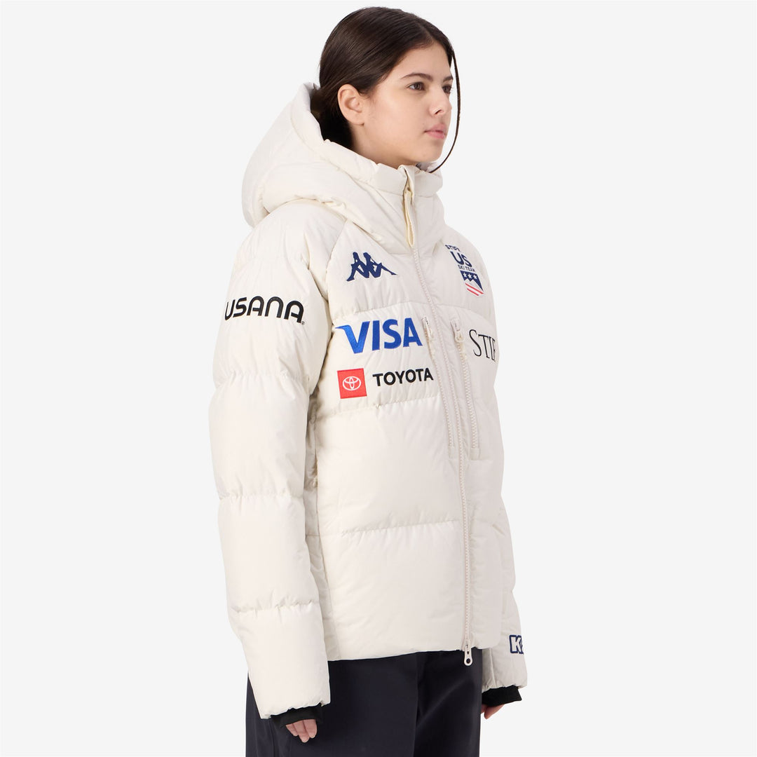 Veste de ski blanche pour femme avec protection imperméable et isolation 600 cuin main