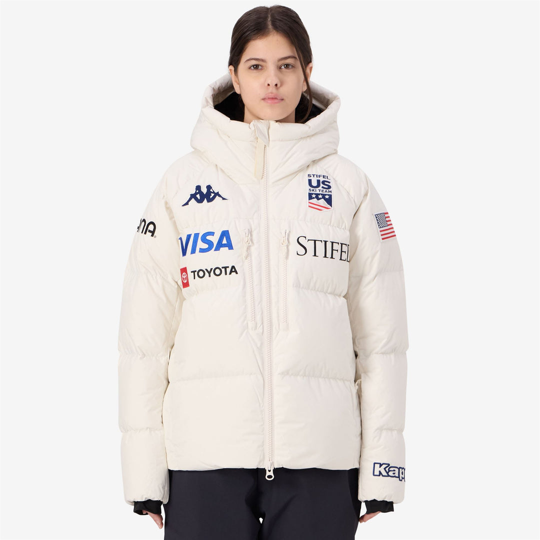 Veste de ski blanche pour femme avec protection imperméable et isolation 600 cuin main