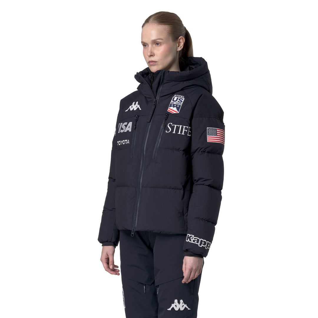 Veste de ski imperméable bleue pour femme avec isolation en duvet main