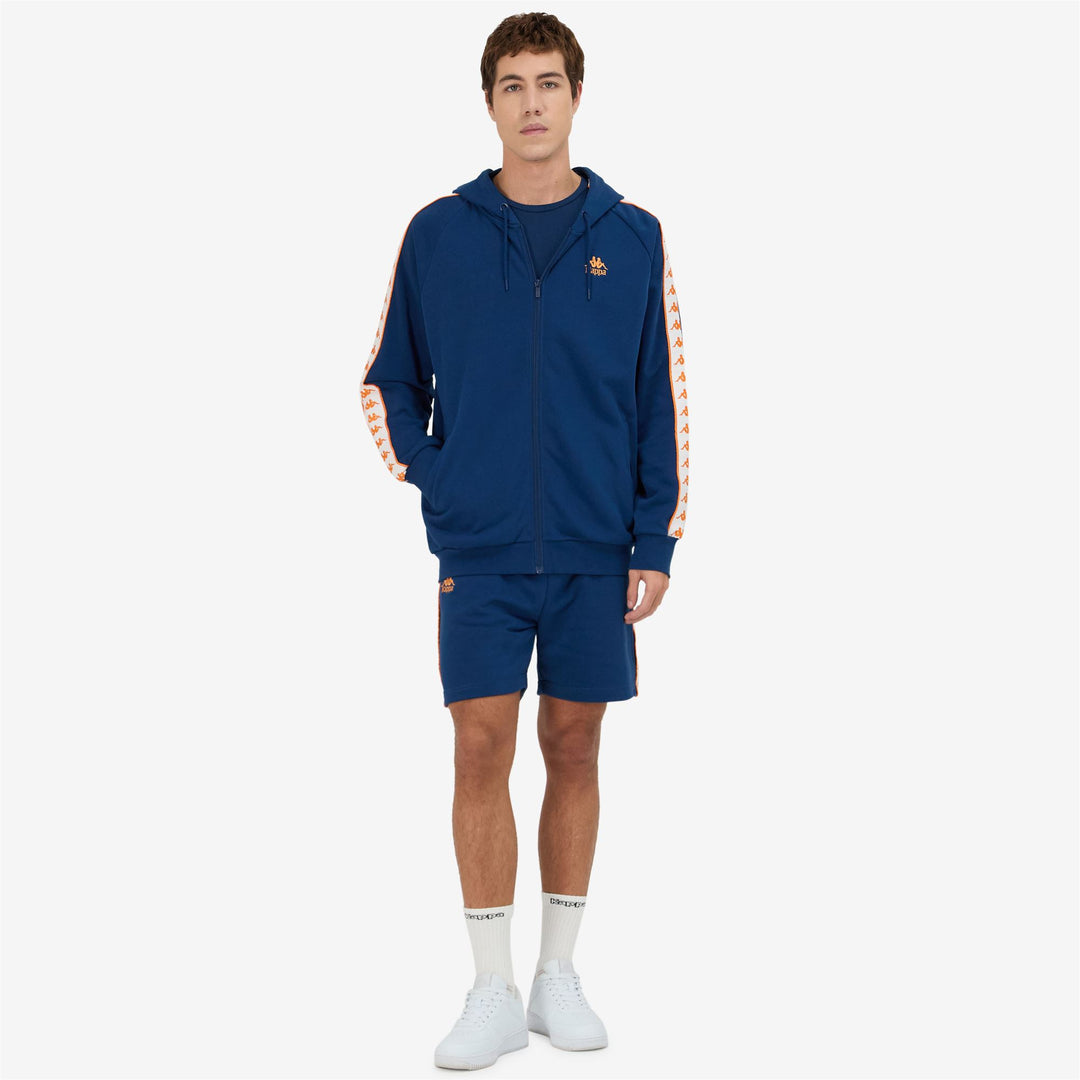 Chaqueta deportiva de polar azul oscuro y naranja para hombre con capucha 01