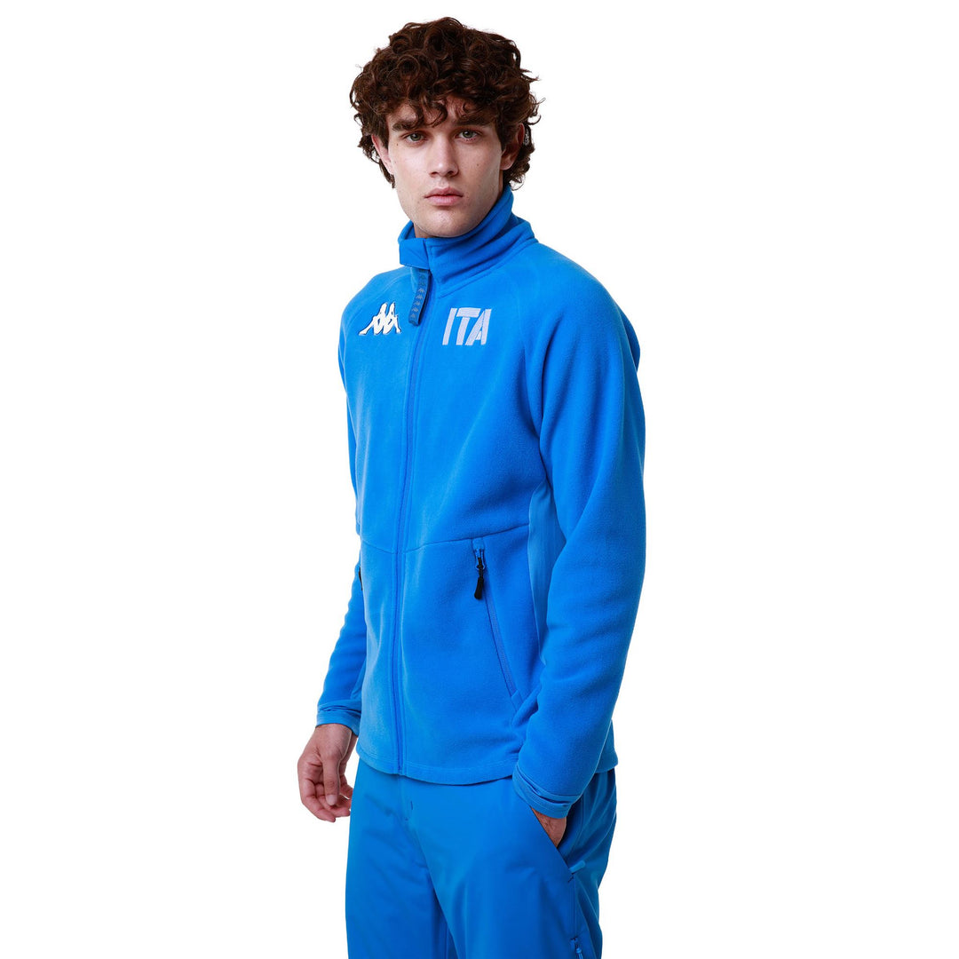 Polaire de ski bleue pour homme, coupe ajustée, avec empiècements extensibles main