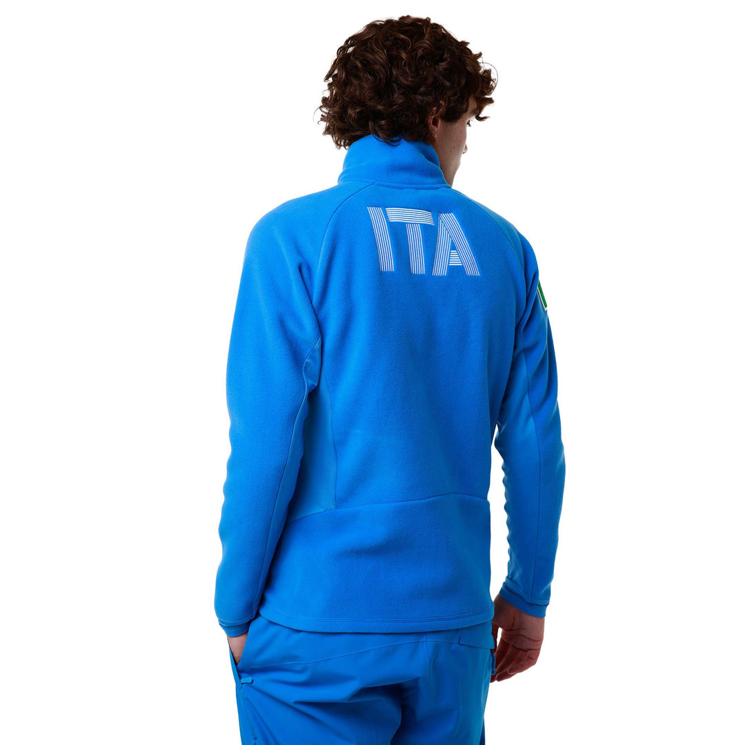 Polaire de ski bleue pour homme, coupe ajustée, avec empiècements extensibles main