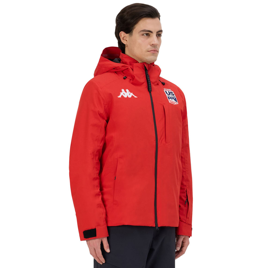 Veste de ski rembourrée rouge pour homme, coupe ajustée, avec protection imperméable main
