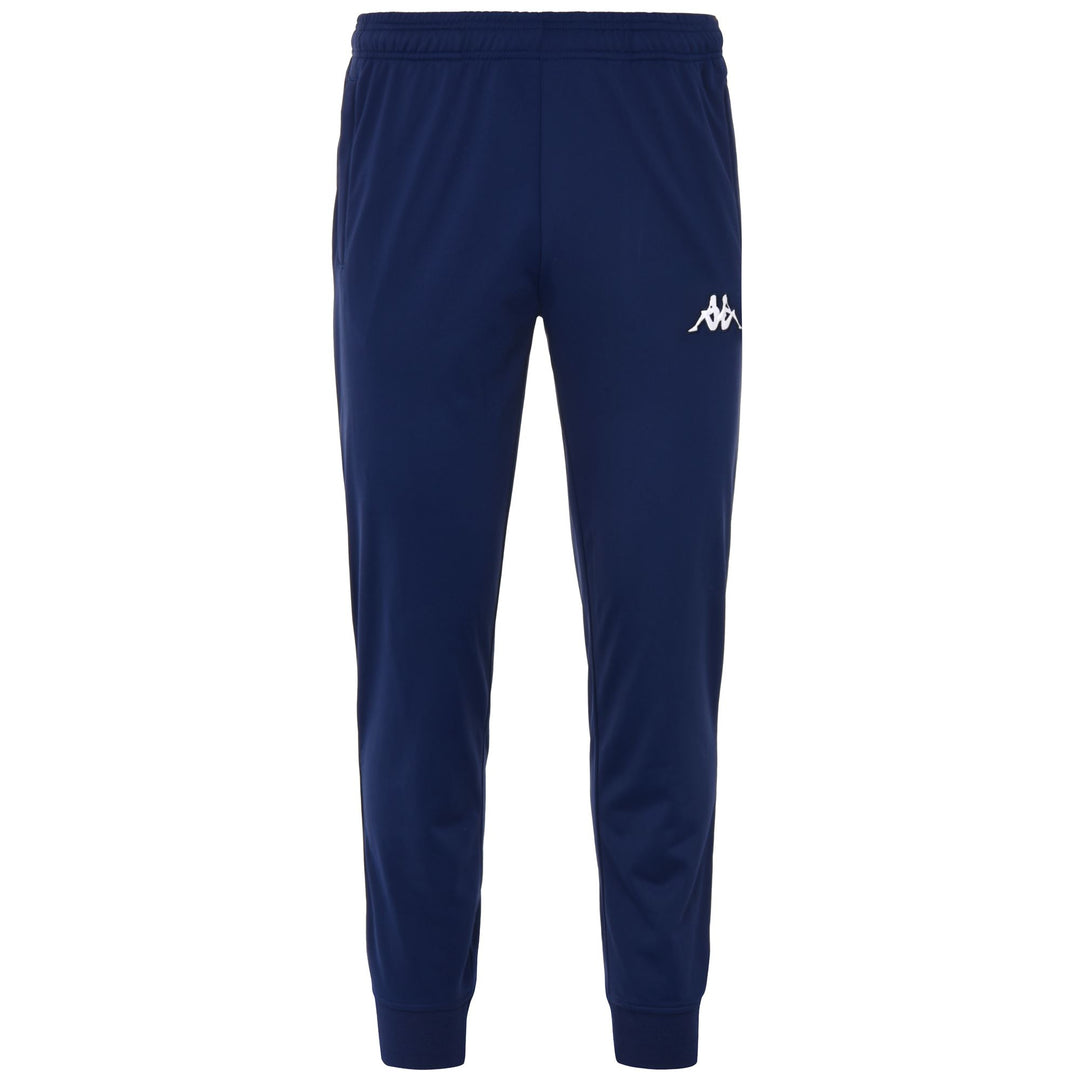 Pantaloni da calcio da uomo blu, vestibilità slim, in tessuto tricot. 01
