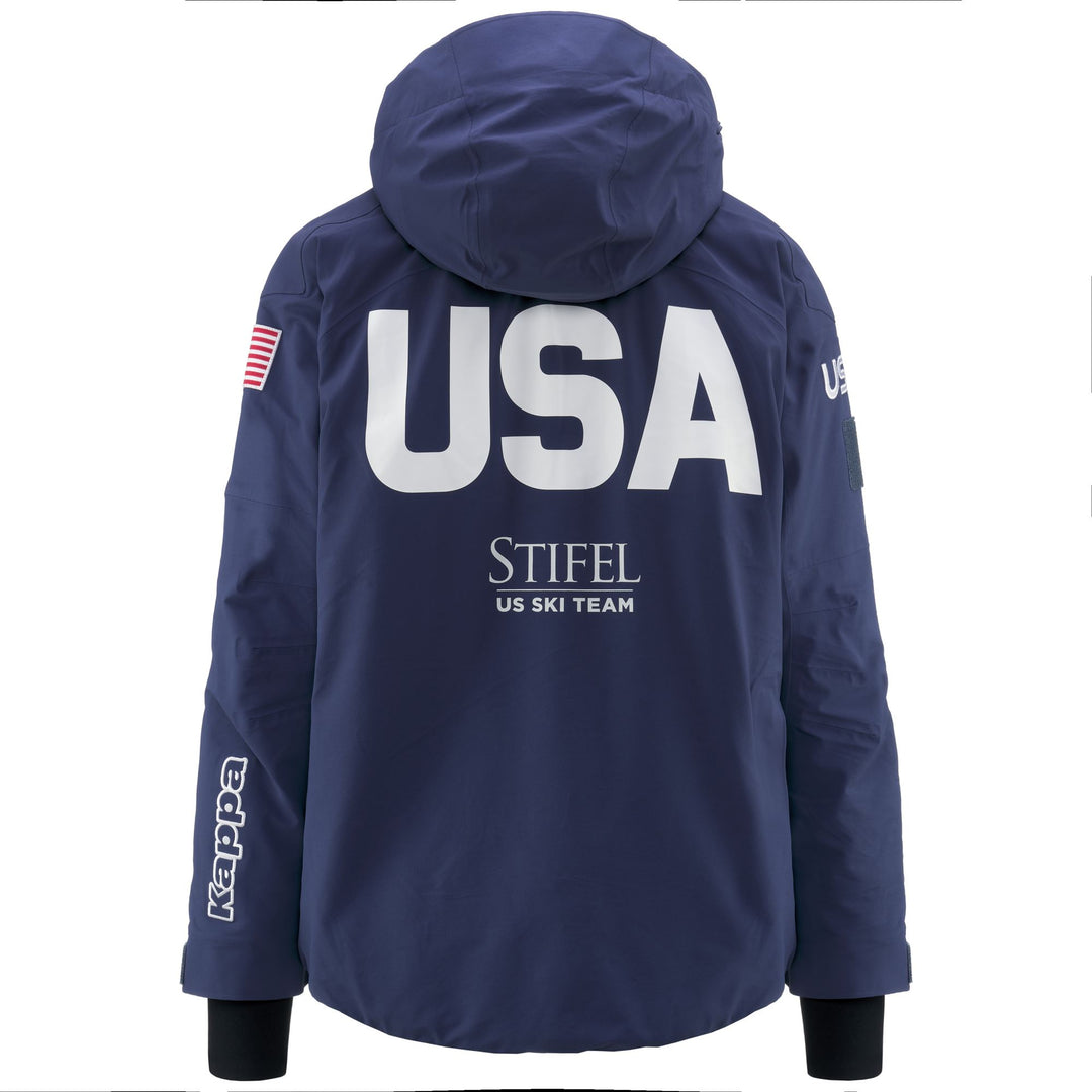 Veste de ski imperméable et extensible bleue pour homme avec capuche amovible main