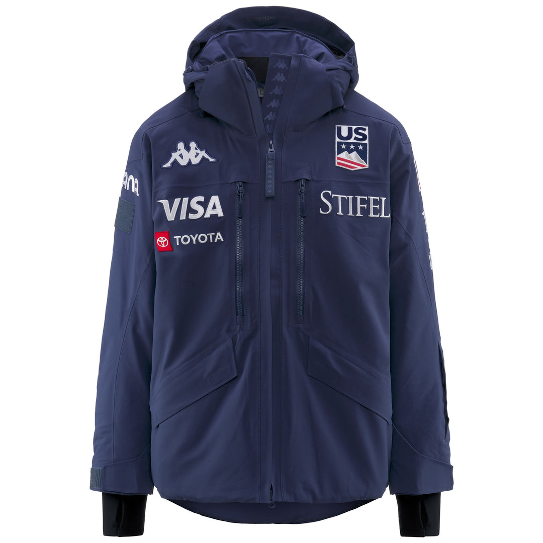 Chaqueta de esquí elástica impermeable azul para hombre con capucha desmontable. 01