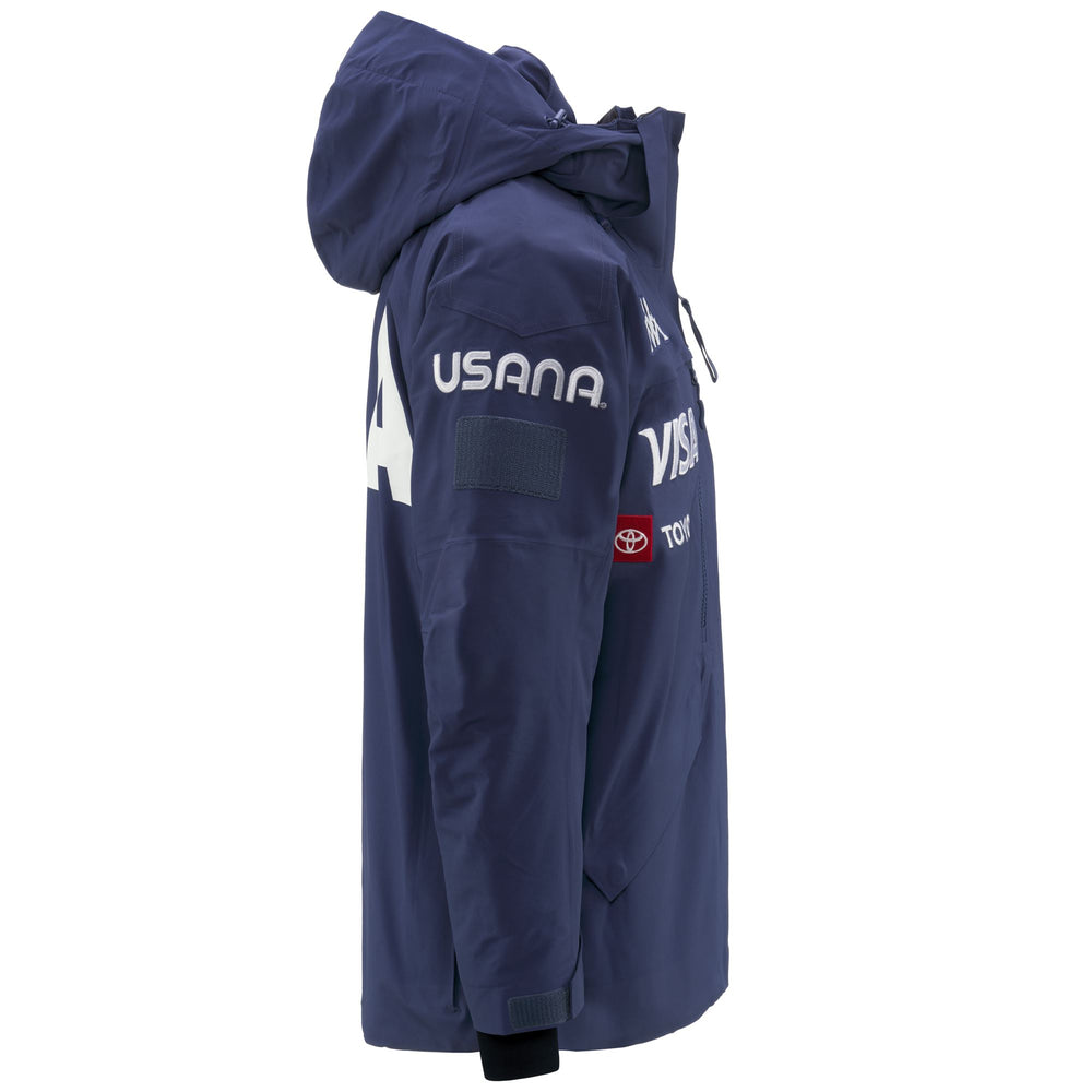 Chaqueta de esquí elástica impermeable azul para hombre con capucha desmontable. 02