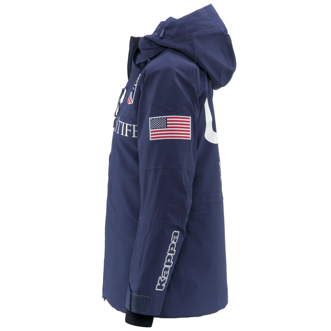 Veste de ski matelassée bleue pour femme, coupe ajustée, avec capuche amovible main