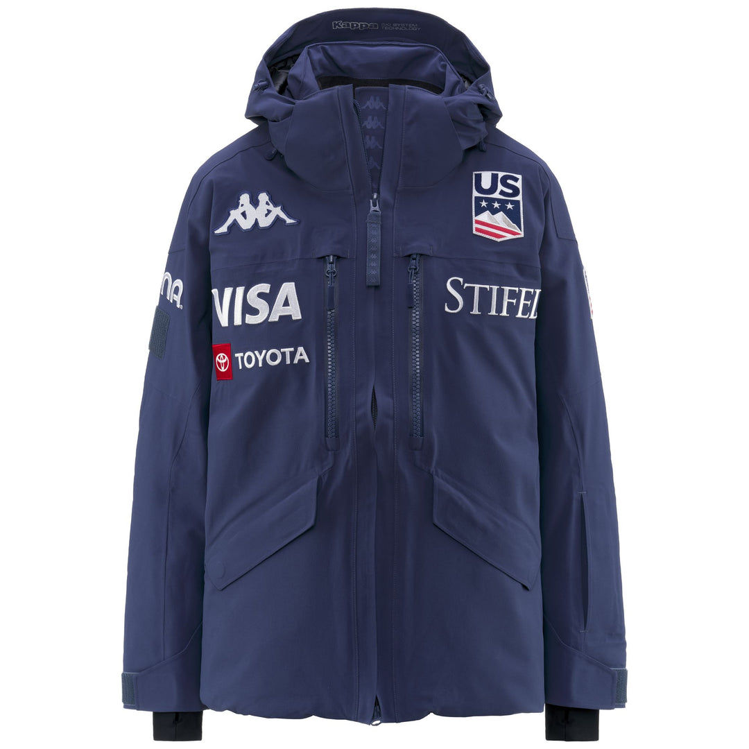 Veste de ski matelassée bleue pour femme, coupe ajustée, avec capuche amovible 01