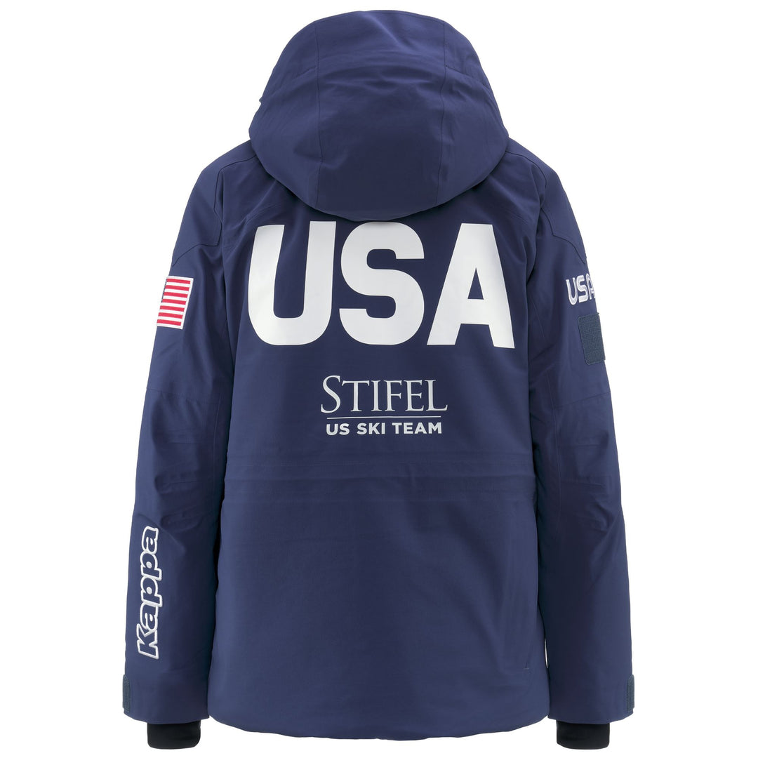 Veste de ski matelassée bleue pour femme, coupe ajustée, avec capuche amovible main