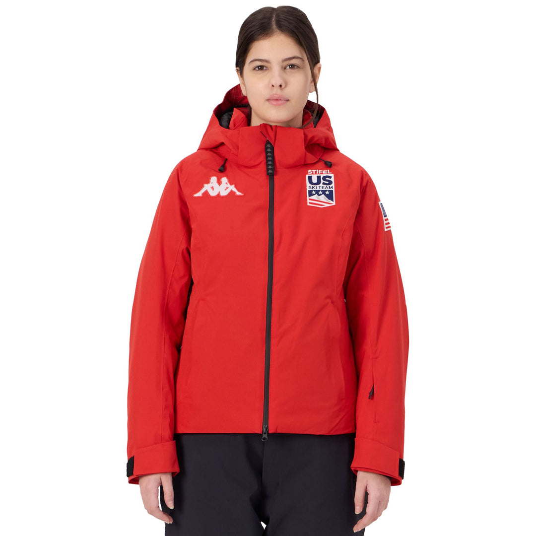 Veste de ski imperméable rouge pour femme, coupe ajustée main
