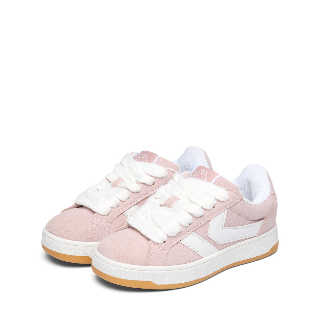 Sneakers basse unisex per bambini, rosa pastello, con dettagli iridescenti 01
