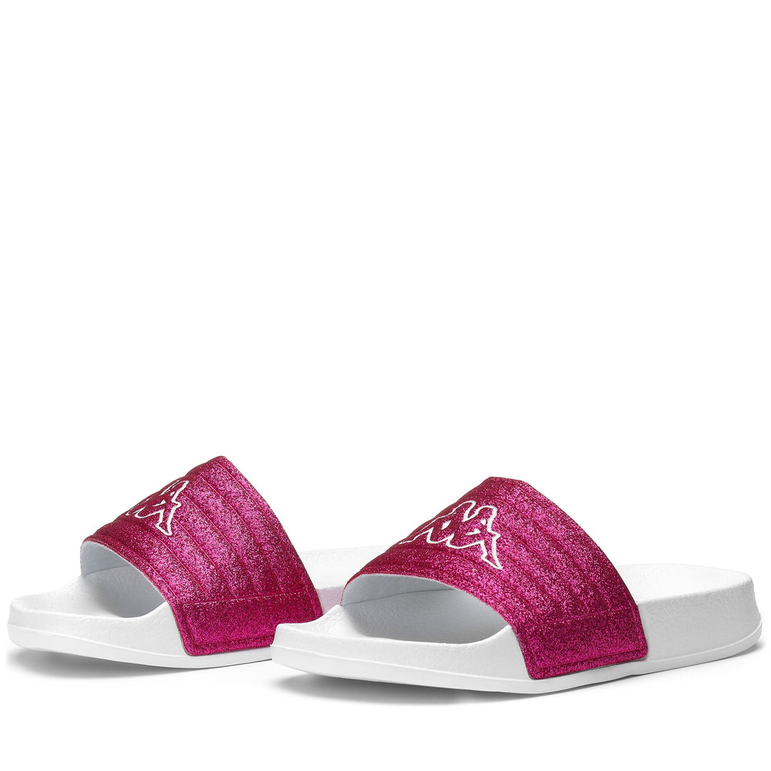 Infradito a righe per bambina con glitter bianco fucsia 01