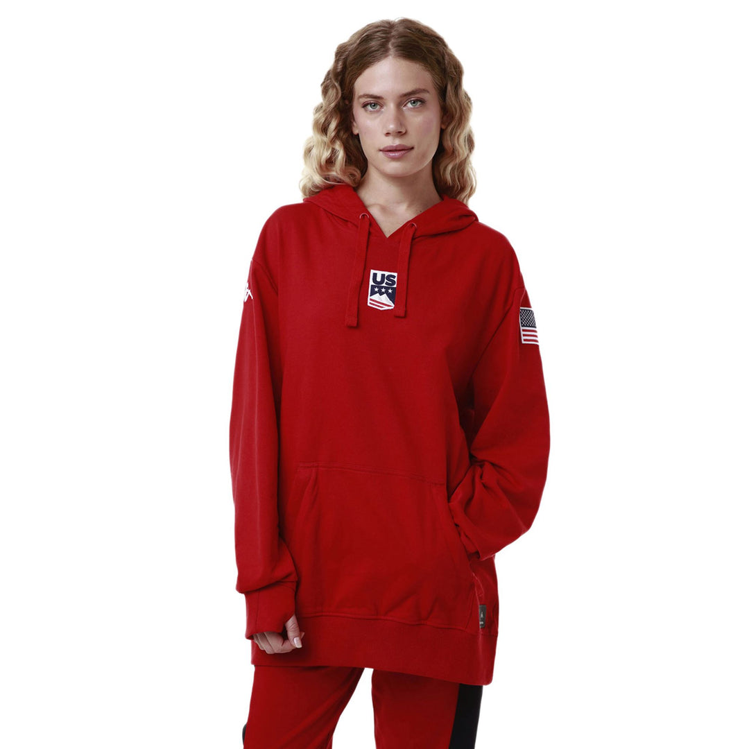 Felpa con cappuccio unisex in pile da sci rossa con tasca a marsupio 01
