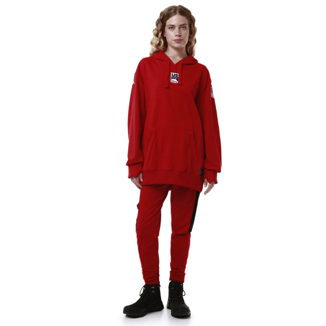 Suéter polar de esquí unisex rojo con capucha y bolsillo tipo canguro 01