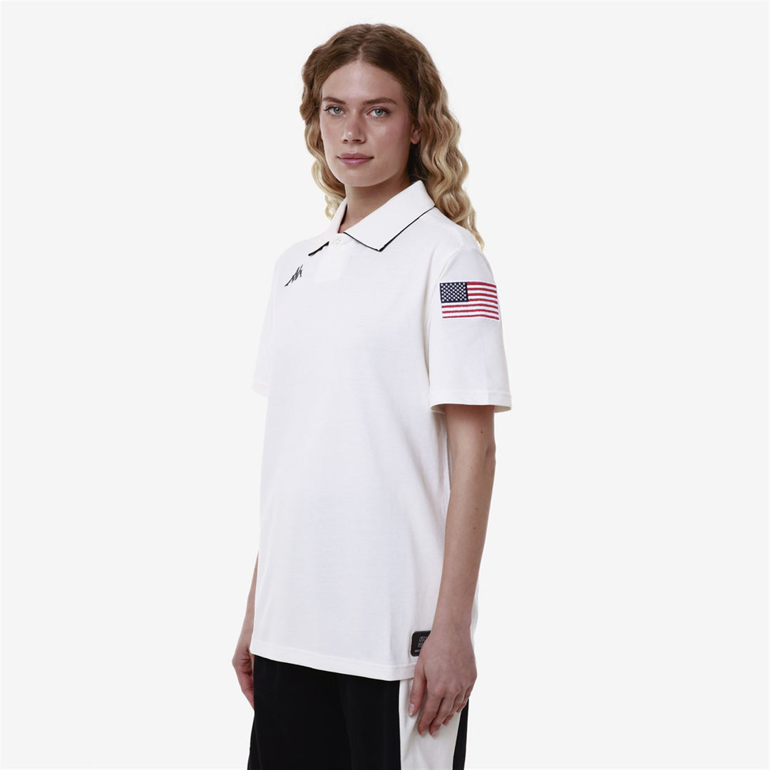 Polo de ski unisexe blanc et bleu foncé coupe ajustée main