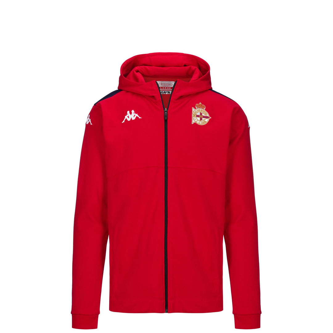 Red men's fleece jacket with hood and team logo 01