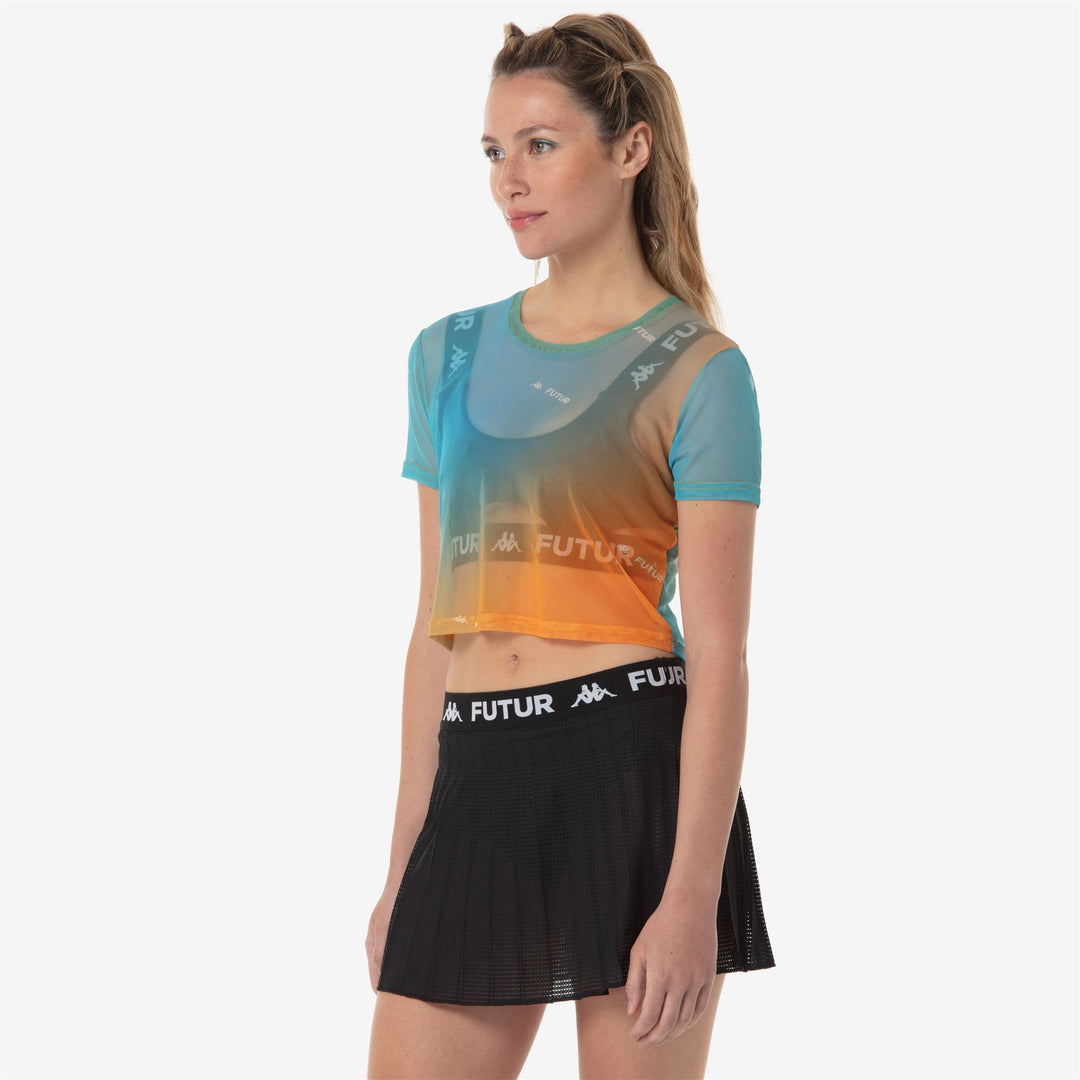 T-Shirt Sportiva Donna Turchese Arancione con Rete Trasparente main
