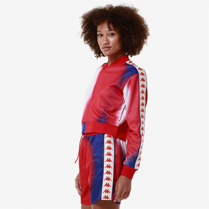 Fleece Woman 222 BANDA ASBER 2 GRAPHIK Jacket GRAPHIK RED-BLUE ROYAL-WHITE ANTIQUE Dressed Front Double		
