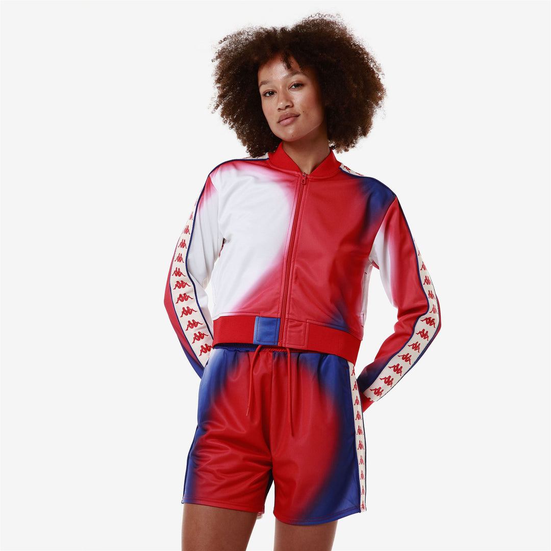 Chaqueta polar corta con estampado gráfico rojo y azul para mujer para deporte urbano main