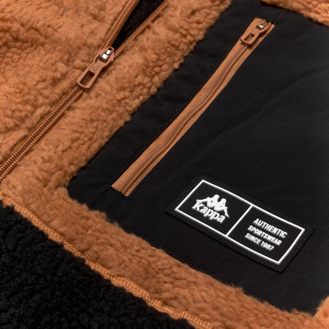 Brown men's full zip sherpa polar fleece sweatshirt with technical pockets main