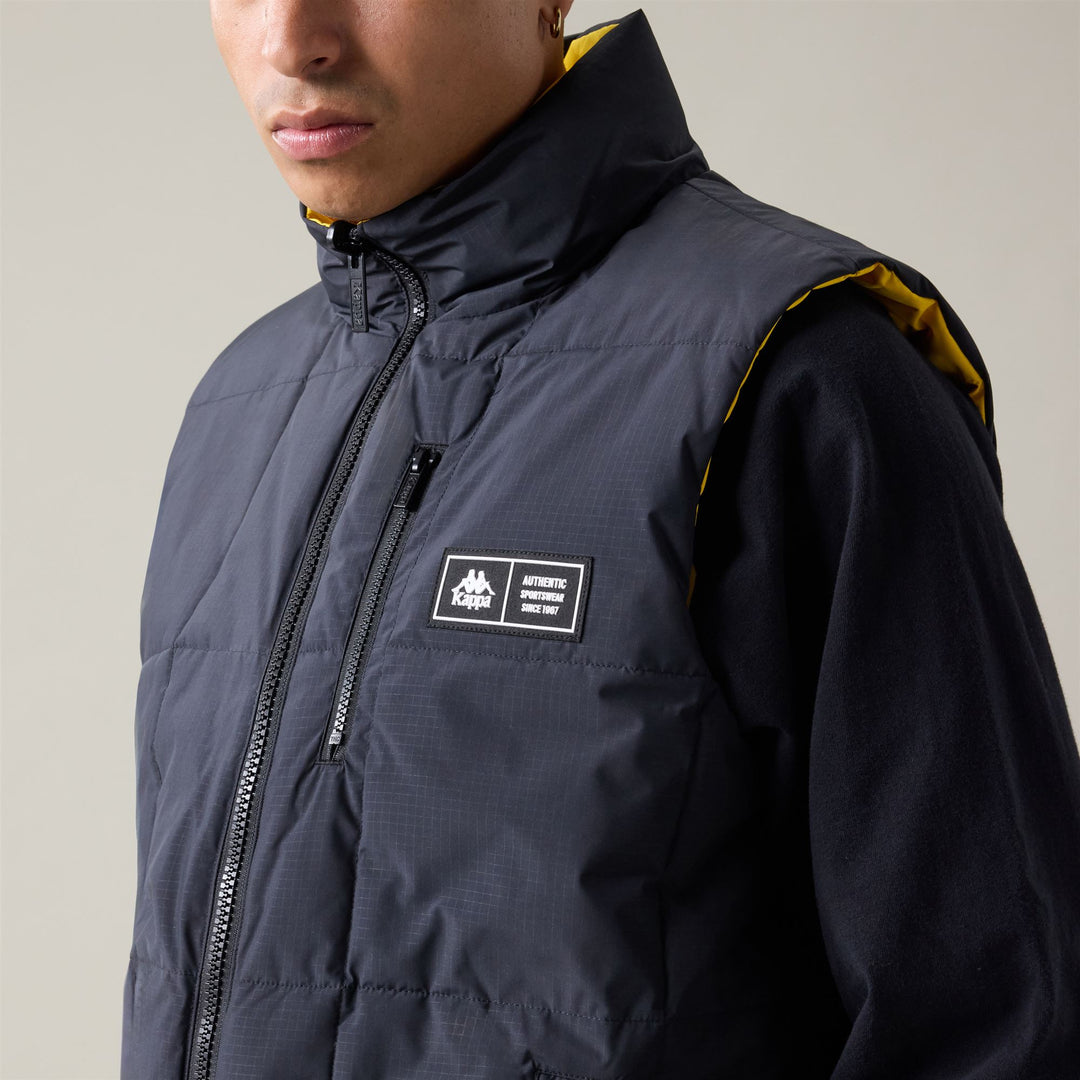 Black Yellow Men's Reversible Padded Vest Jacket with Pockets 01