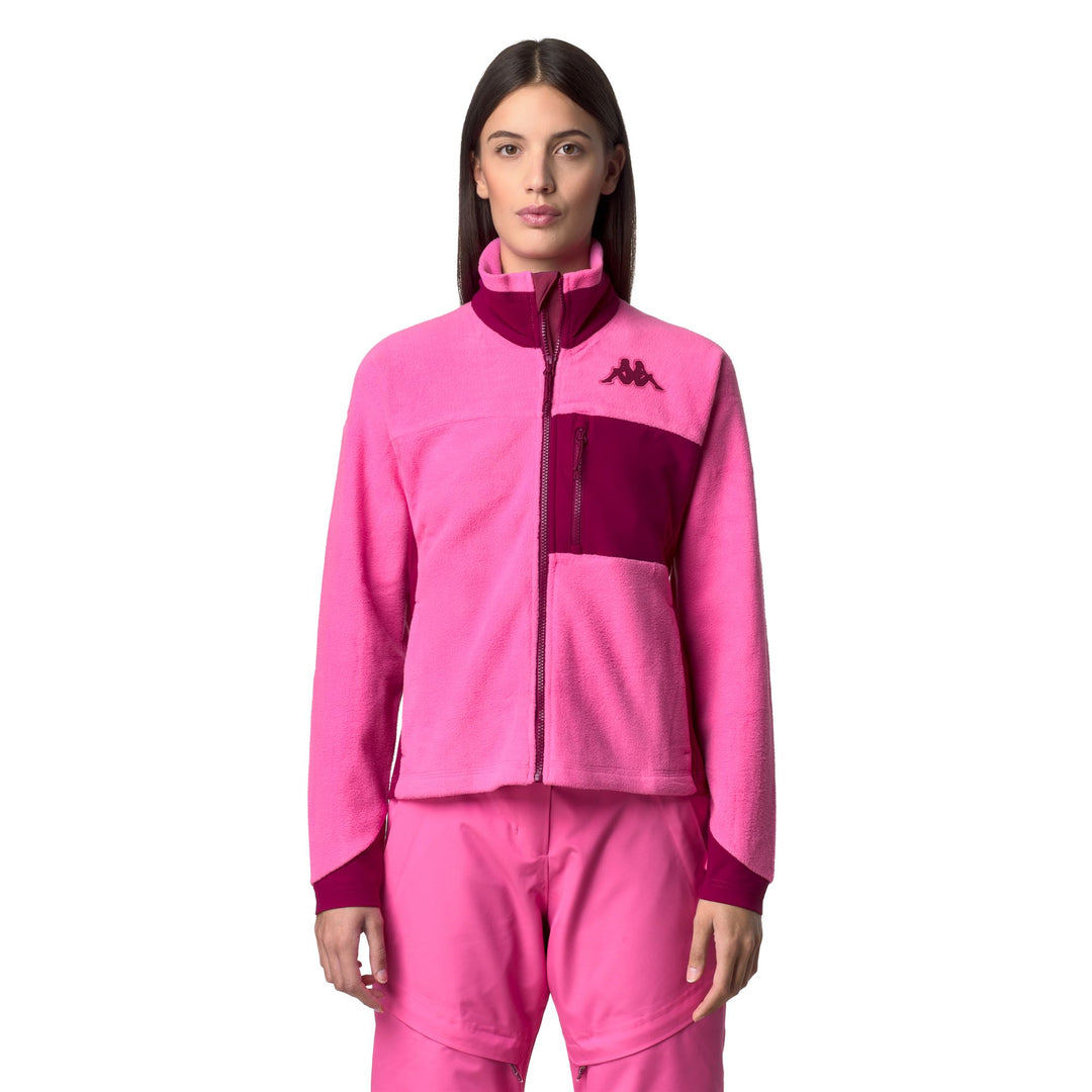 Giacca in pile da donna fucsia rossa con tasche con cerniera 01
