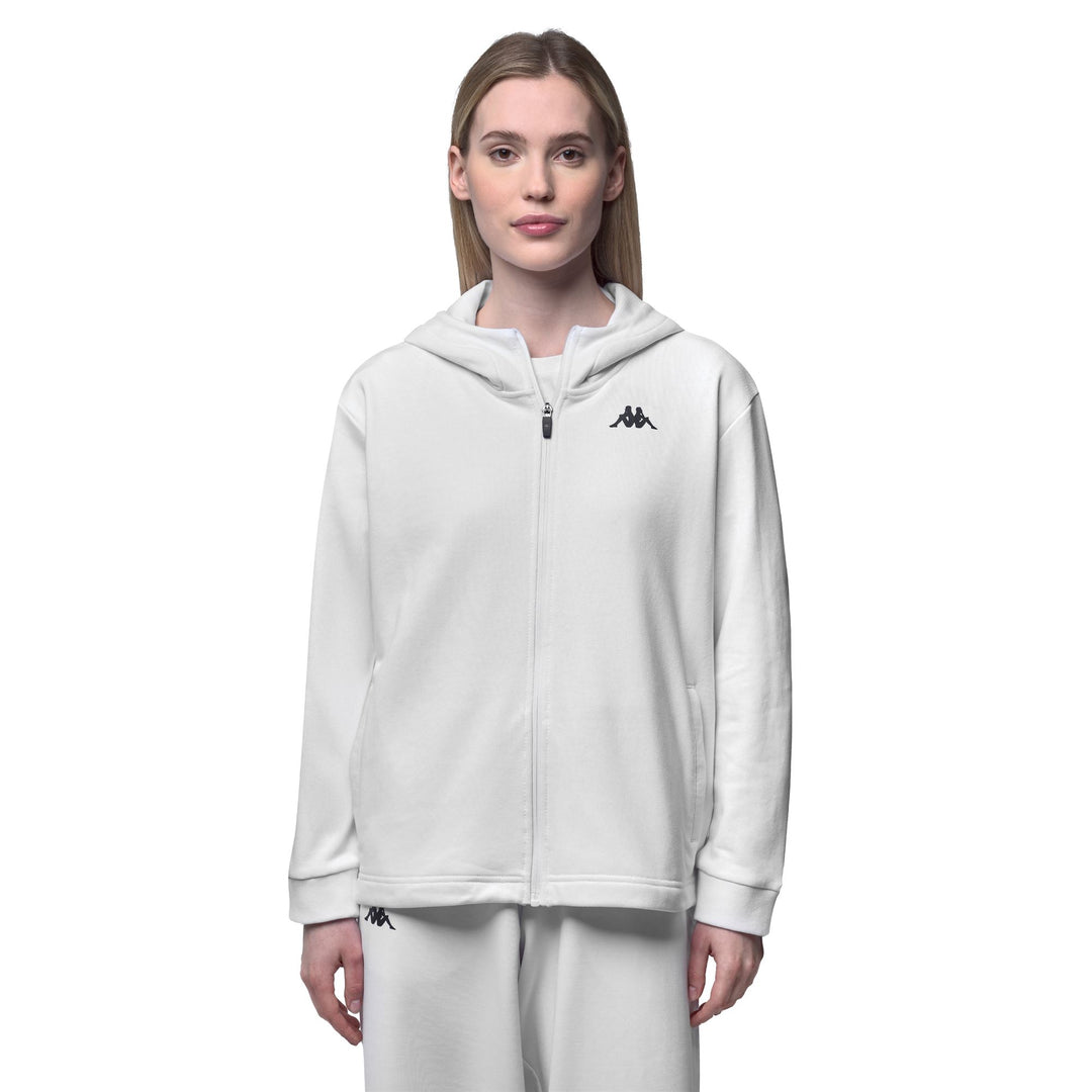 Felpa sportiva da donna bianca a vestibilità regolare con zip intera e inserti in rete. 01